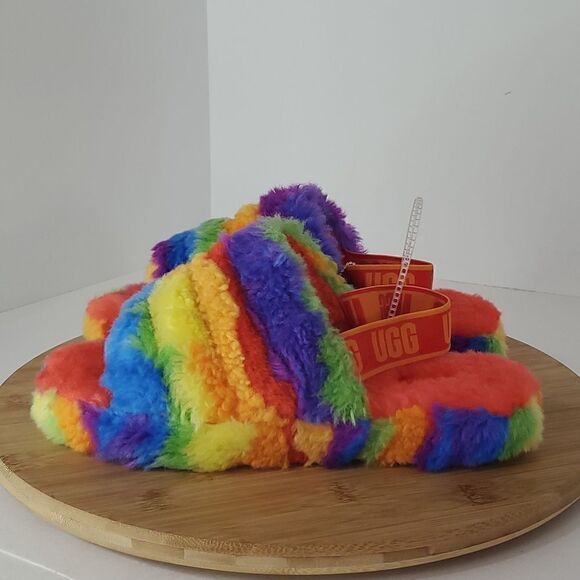 NEW Fluff Yeah Slide Cali Collage Slipper Big Kid 5/ Women's 7 Multi Slingback - Picture 3 of 12